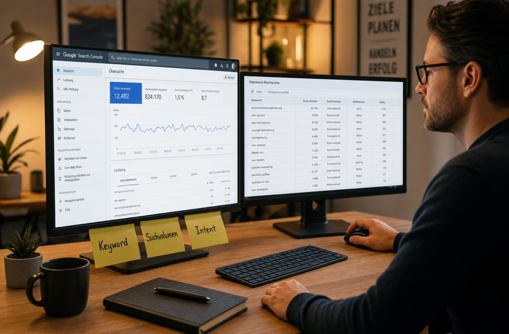 () showing a German SEO professional at a desk with multiple screens displaying keyword research tools like Google Search