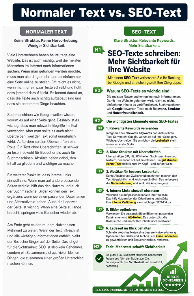 () showing a split-screen comparison: left side displays a plain unformatted German blog text in grey, right side shows the