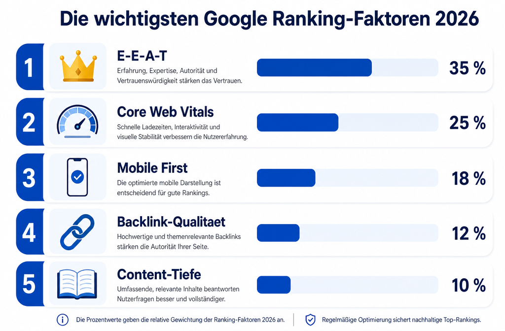 Infografik-Querformat () mit Titel 'Die wichtigsten Google Ranking-Faktoren 2026' als fette Überschrift oben. Zeigt eine