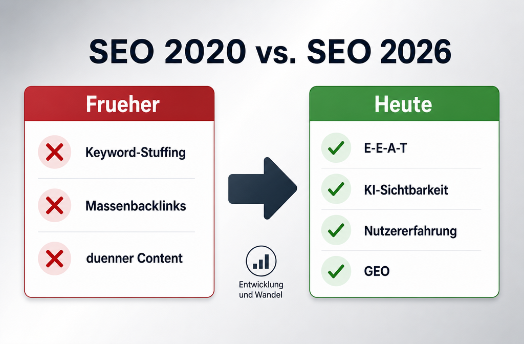 Vergleichstabelle Querformat () mit Titel 'SEO 2020 vs. SEO 2026' als Überschrift. Zwei Spalten nebeneinander: links