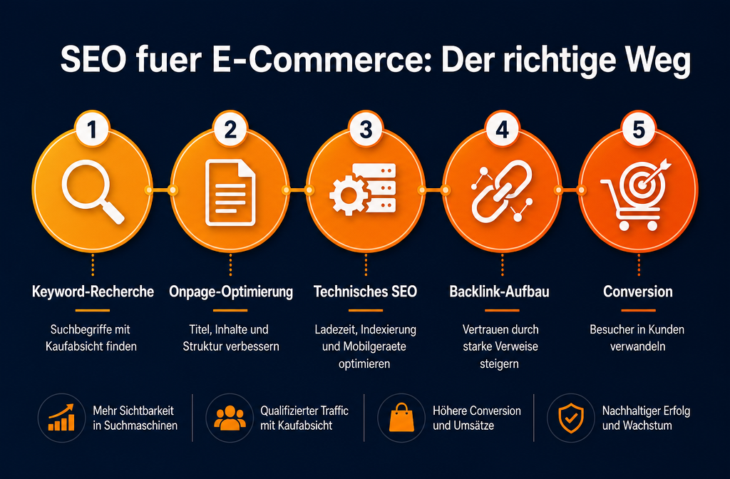 Schritt-für-Schritt-Diagramm Querformat () mit Titel 'SEO für E-Commerce: Der richtige Weg' oben. Zeigt einen horizontalen