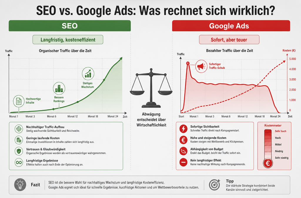 Zwei-Spalten-Vergleich Querformat () mit Titel 'SEO vs. Google Ads: Was rechnet sich wirklich?' Linke Seite zeigt SEO mit