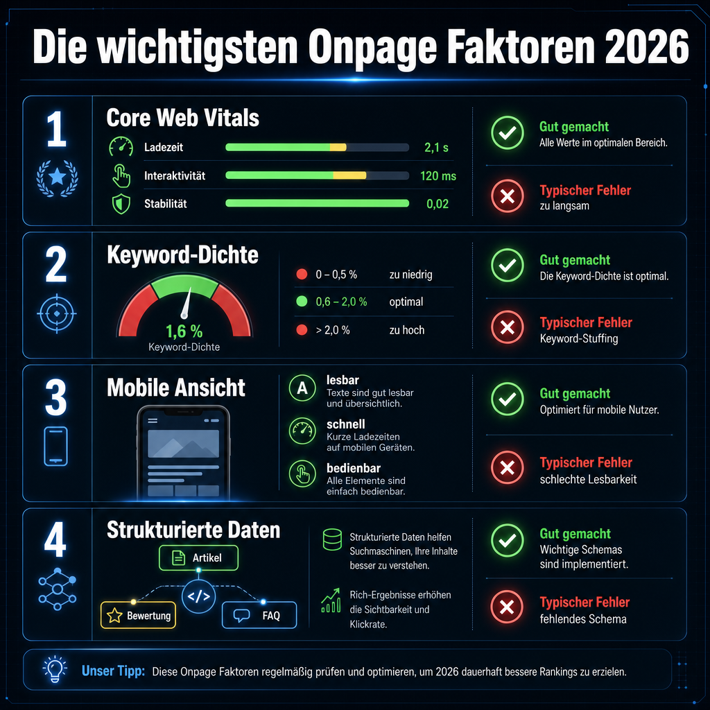 () detailed checklist visual showing a German SEO factors priority list on a dark background, titled 'Die wichtigsten Onpage