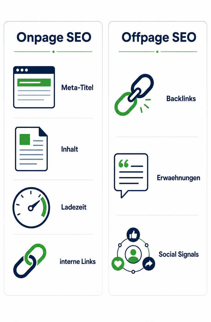 () infographic-style illustration showing two clearly labeled columns side by side: left column labeled 'Onpage SEO' with