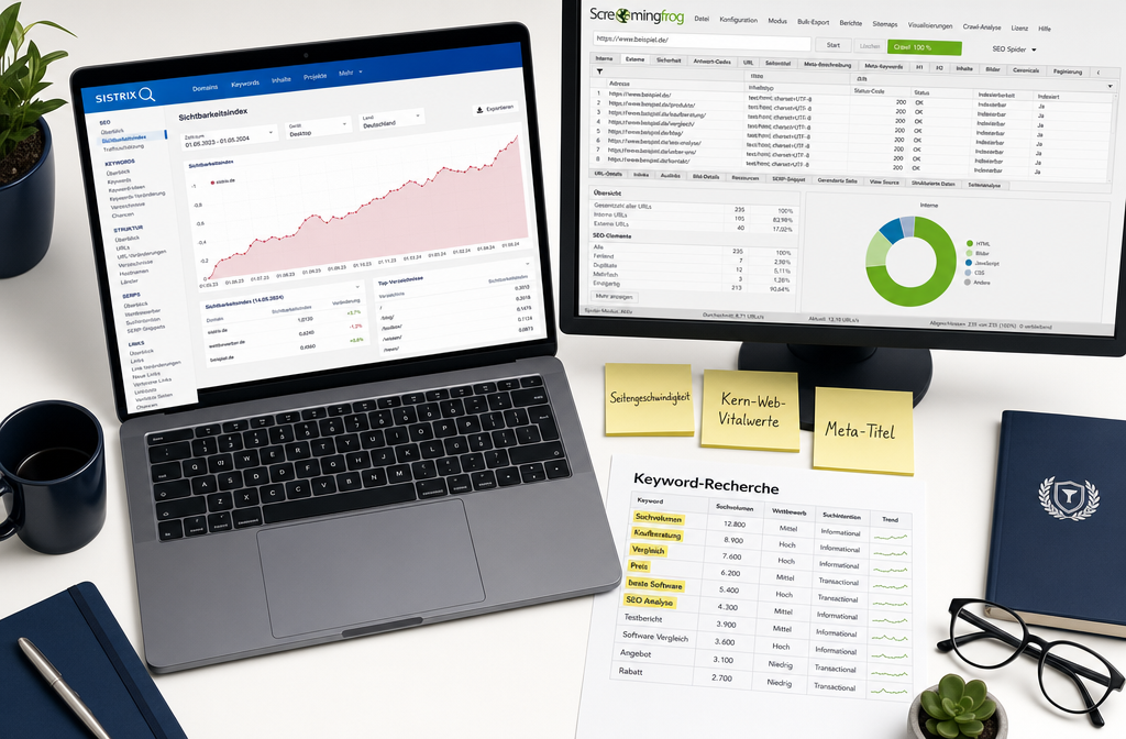 () showing a German SEO tools comparison flat-lay: laptop screen displaying Sistrix Sichtbarkeitsindex graph, beside it a