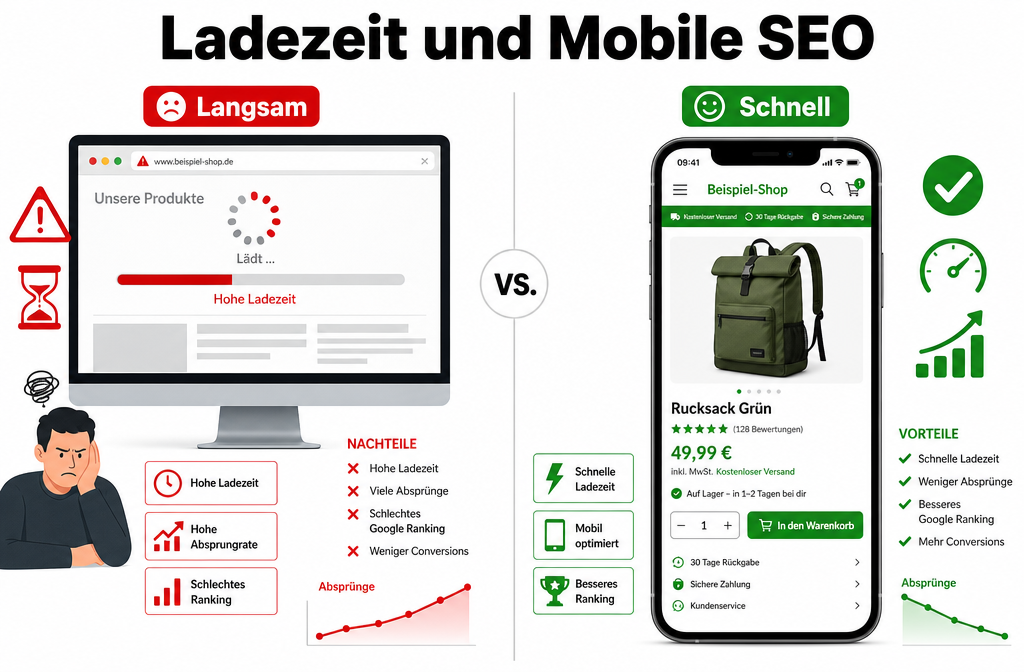 () split-screen comparison image: left side shows a slow-loading website with a red loading bar and frustrated user icon,