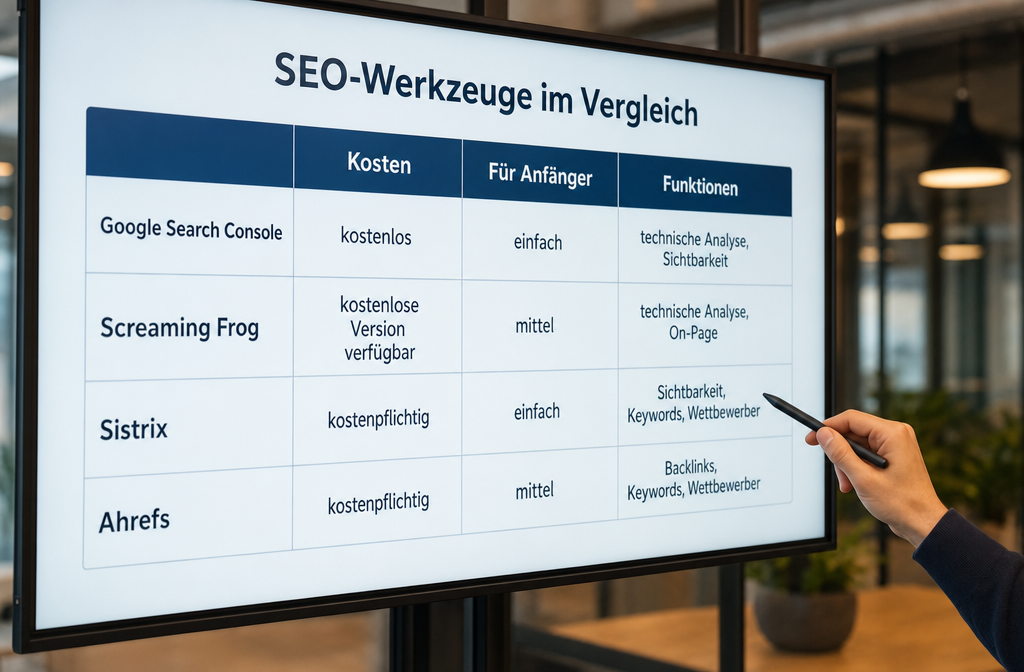 () showing a German SEO tools comparison table as a large screen display in a modern office, featuring tool names like