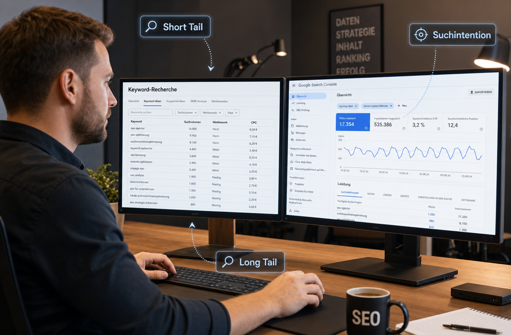 () showing a German SEO professional at a modern desk with dual monitors displaying keyword research tools (Ahrefs, Google