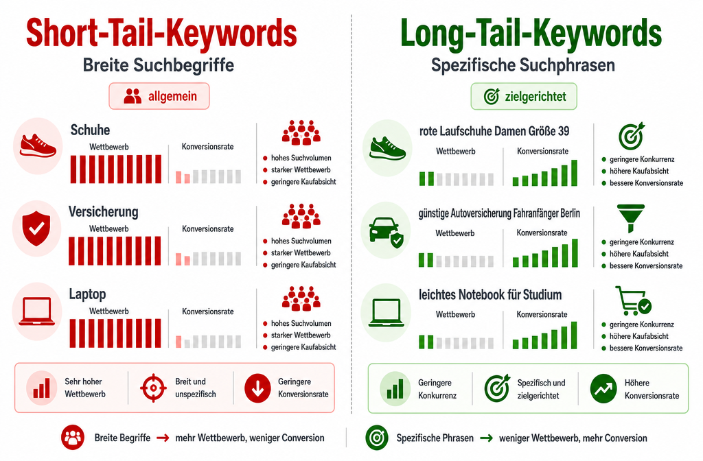 () split-screen comparison infographic in German: left side labeled 'Short Tail Keywords' showing broad terms with high
