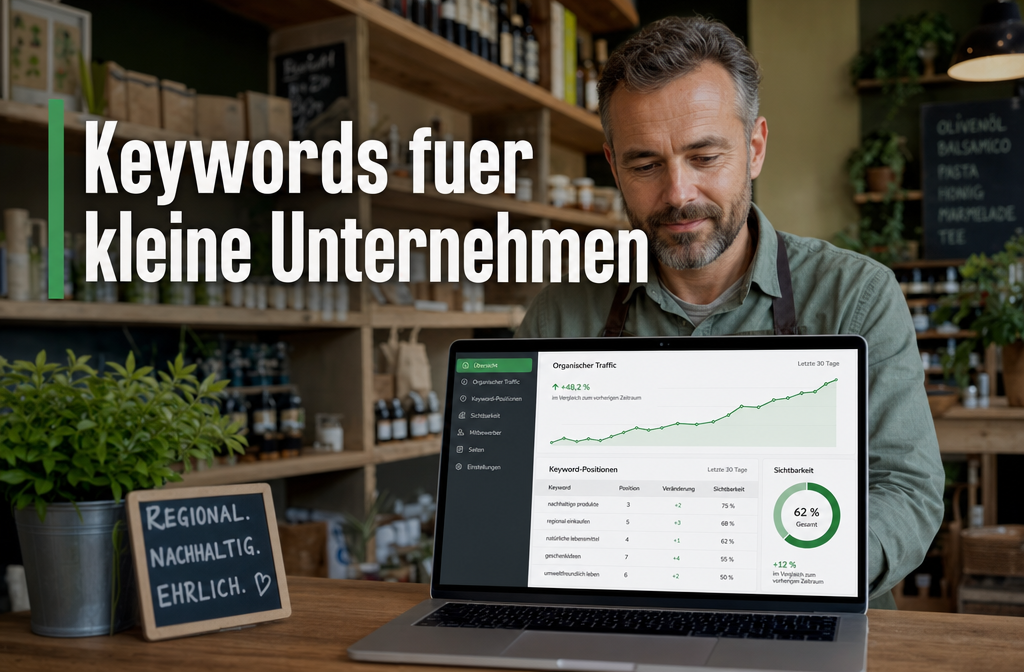 () showing a German small business owner (KMU) looking at a laptop screen displaying Google Analytics organic traffic growth