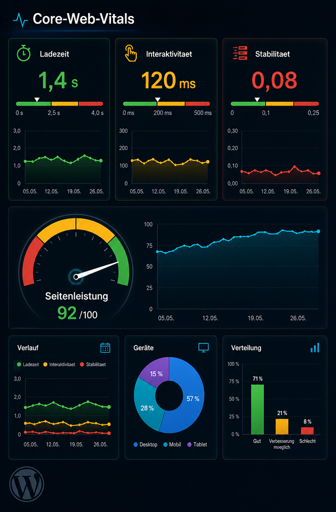 () technical SEO visualization showing Core Web Vitals dashboard with LCP, INP and CLS metric gauges in green/yellow/red, a