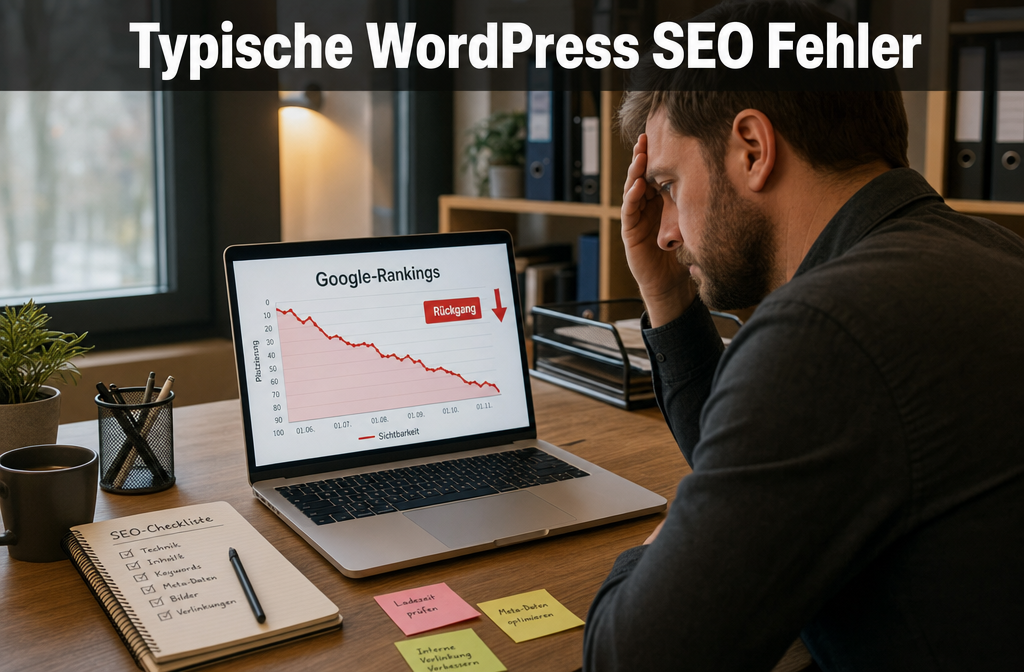 () scene showing a frustrated small business owner at a desk looking at a laptop with a declining Google rankings graph on