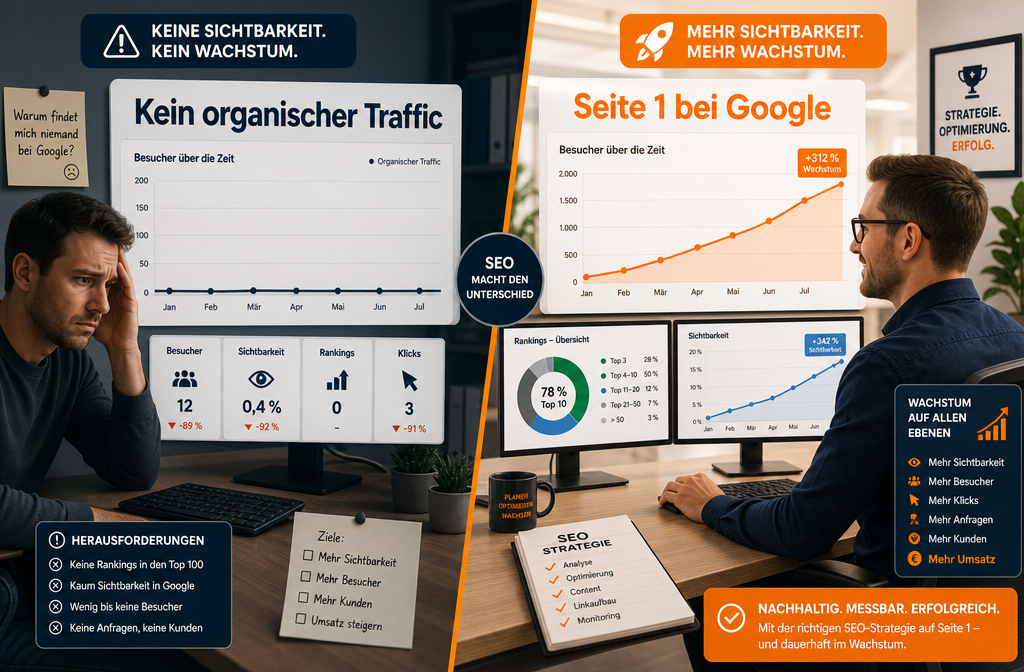 () editorial illustration showing a split-screen comparison: left side shows a confused website owner staring at a flat