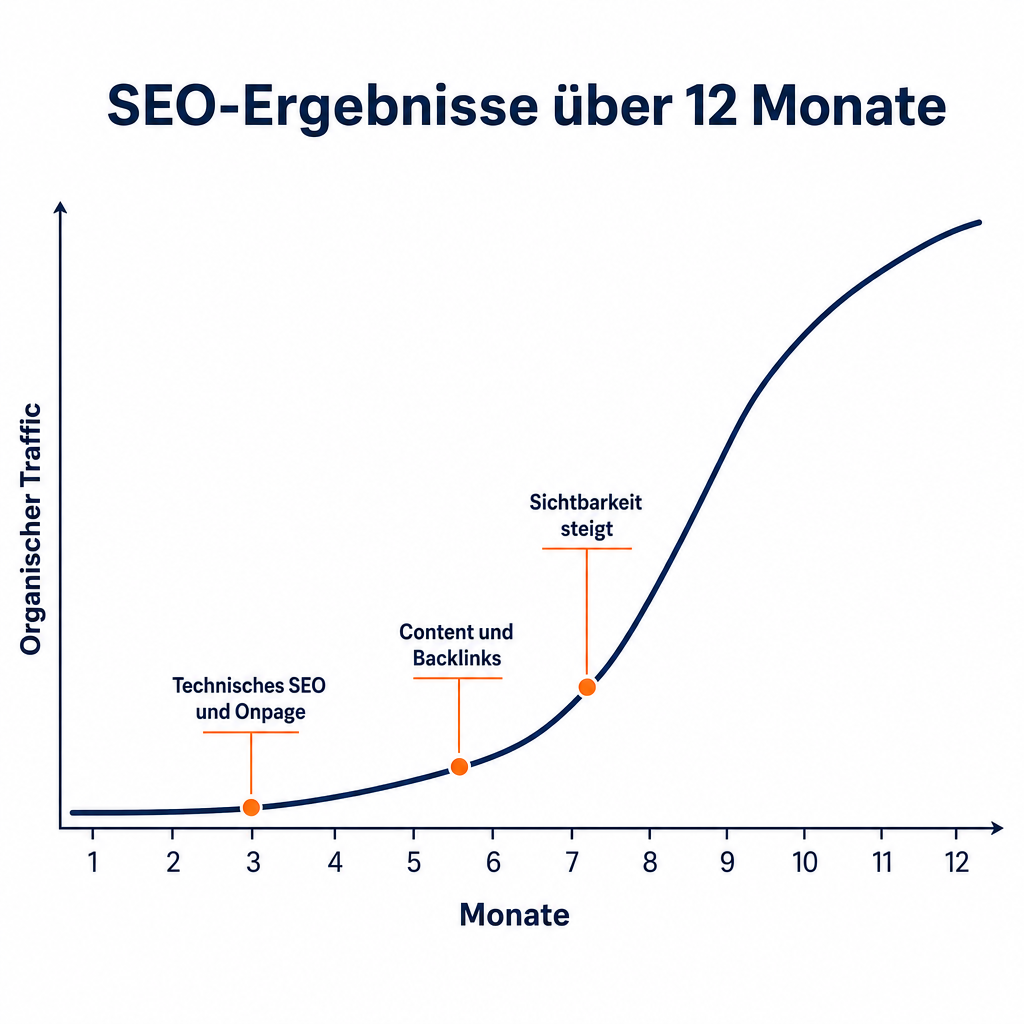 () timeline graphic showing SEO results over 12 months labeled in German. X-axis shows months 1-12, Y-axis shows