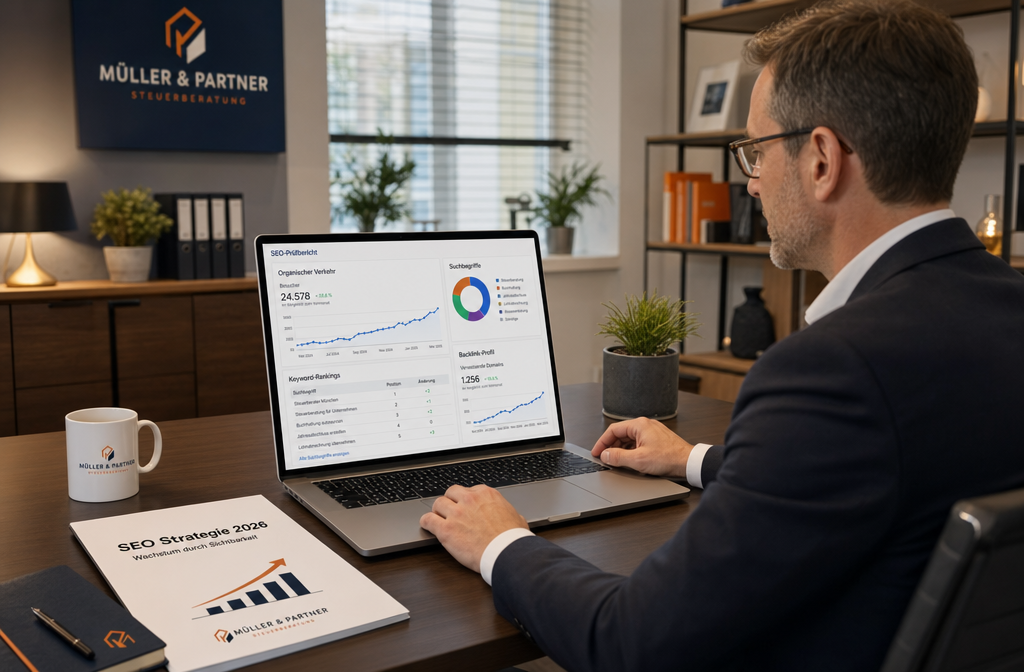 () showing a German KMU business owner at a laptop reviewing an SEO audit report. Screen displays Google Analytics with