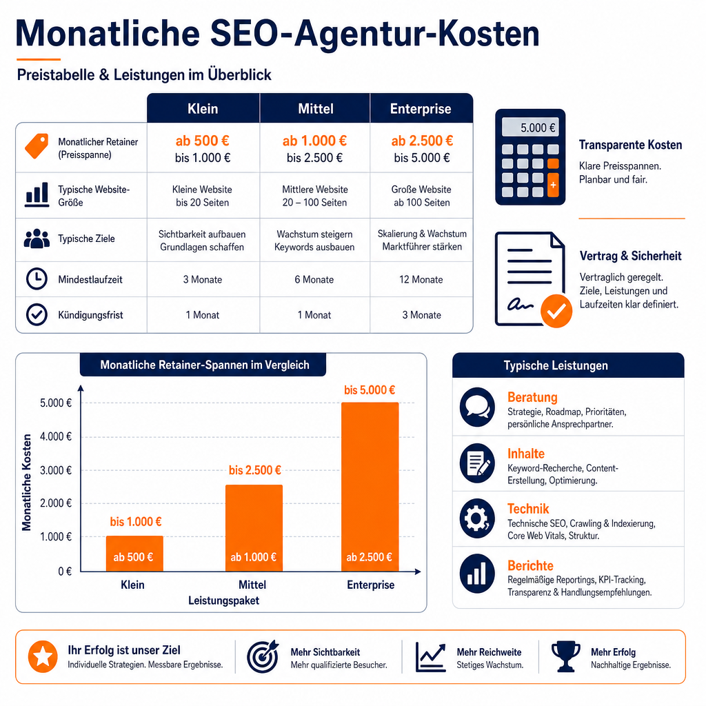 () flat-design infographic style image showing a Euro-Preistabelle for SEO agency monthly costs, with columns labeled