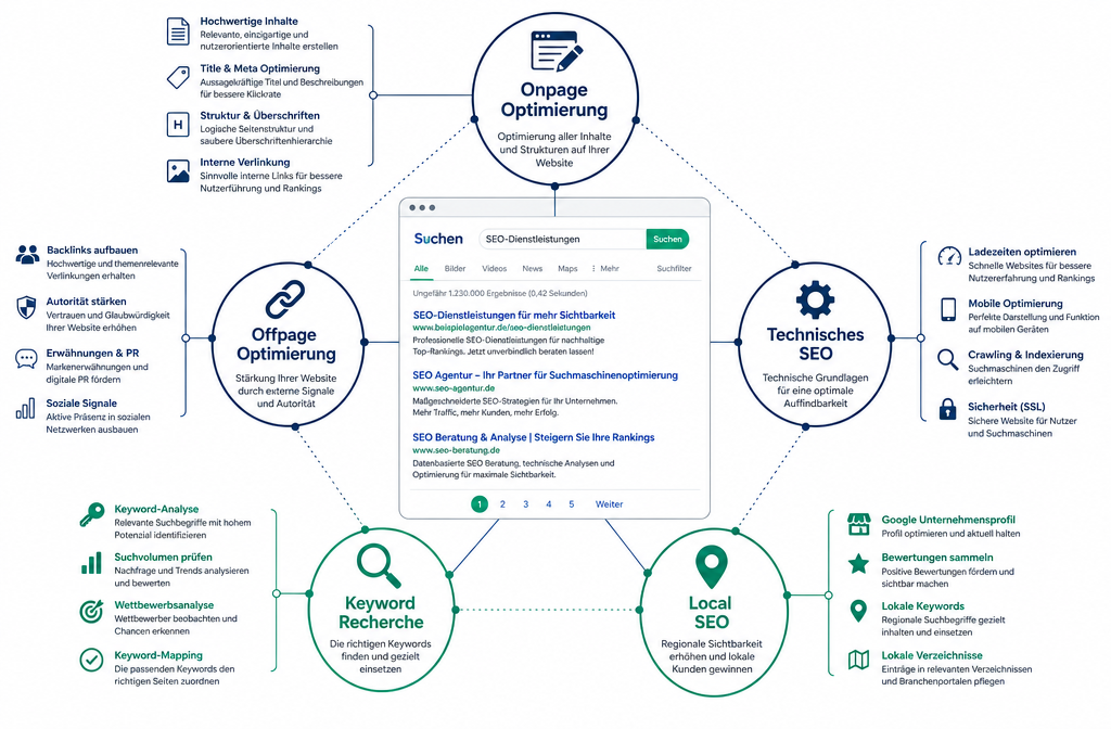 () detailed infographic-style illustration showing the components of SEO-Dienstleistungen: five interconnected circles