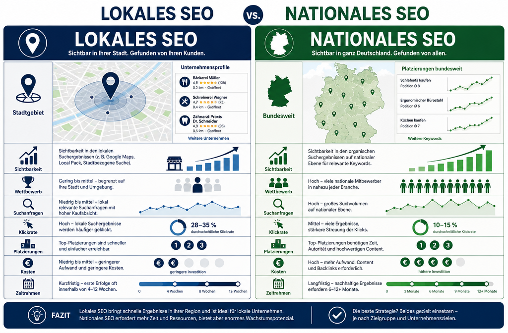 () showing a split comparison table visual: left side labeled 'Lokales SEO' with a map pin icon over a German city map and