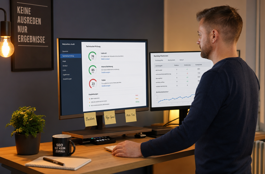 () showing a realistic German freelancer or solo SEO consultant at a standing desk reviewing a website audit report on
