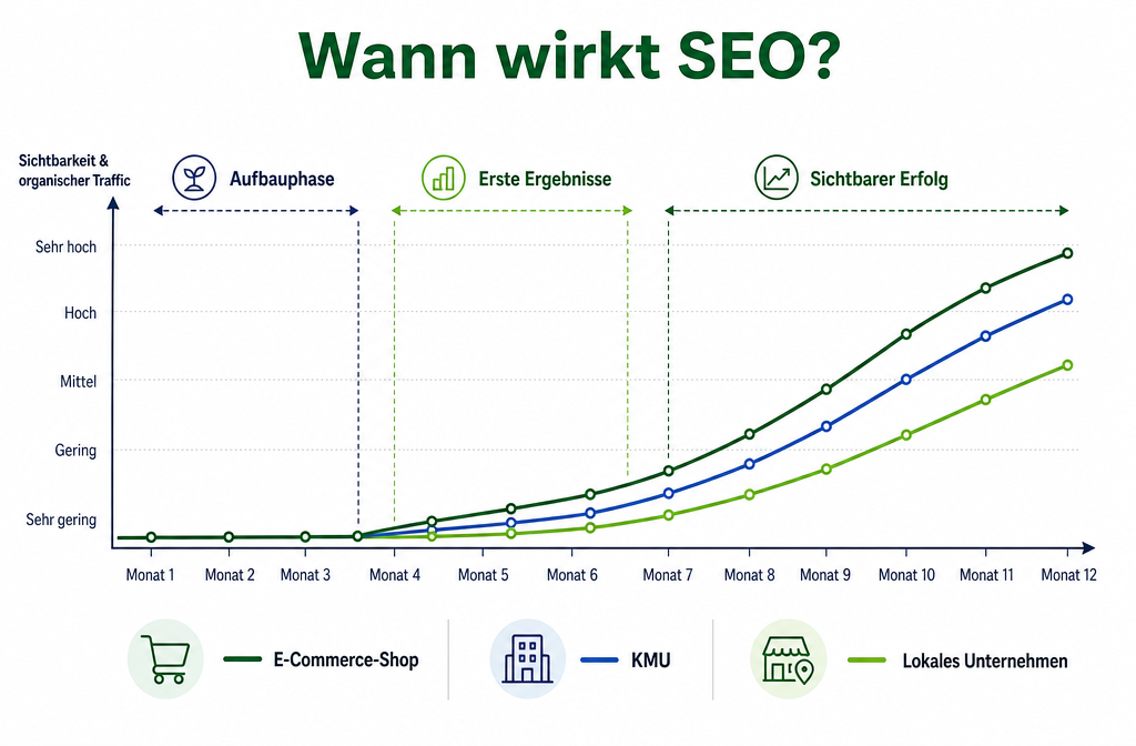 () showing a timeline graphic titled 'Wann wirkt SEO?' with a horizontal axis from Monat 1 to Monat 12, showing a flat line