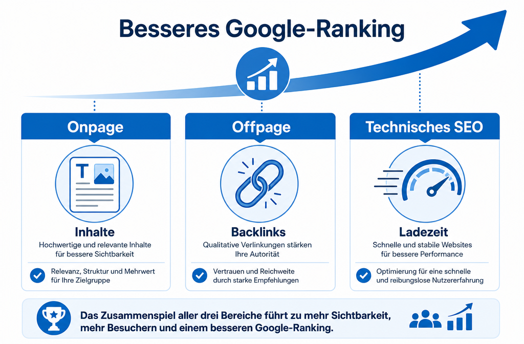 Querformat () Infografik-Illustration: Drei nebeneinander angeordnete Säulen mit deutschen Beschriftungen 'Onpage',