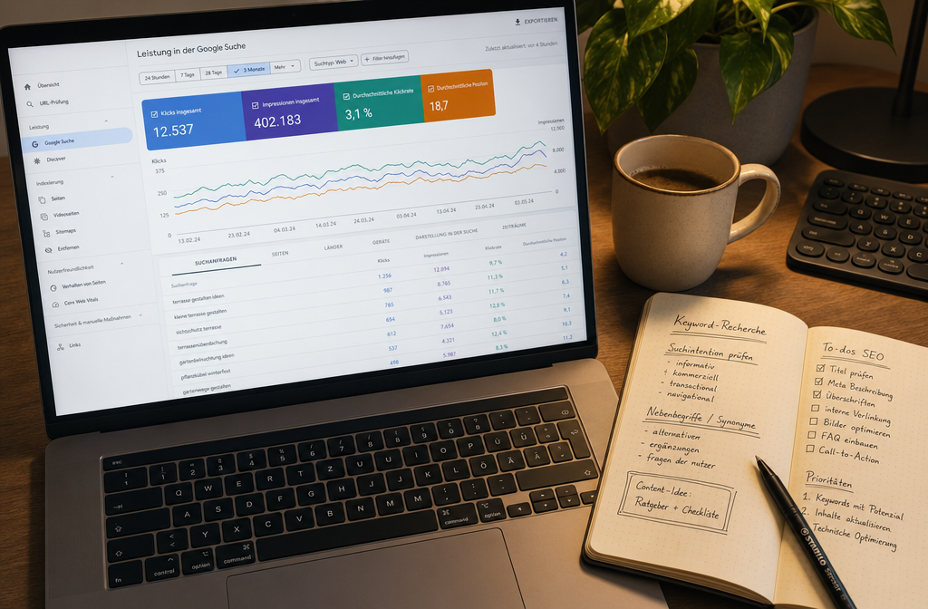 Querformat () Nahaufnahme eines deutschen Keyword-Recherche-Prozesses: Laptop-Bildschirm zeigt Google Search Console mit