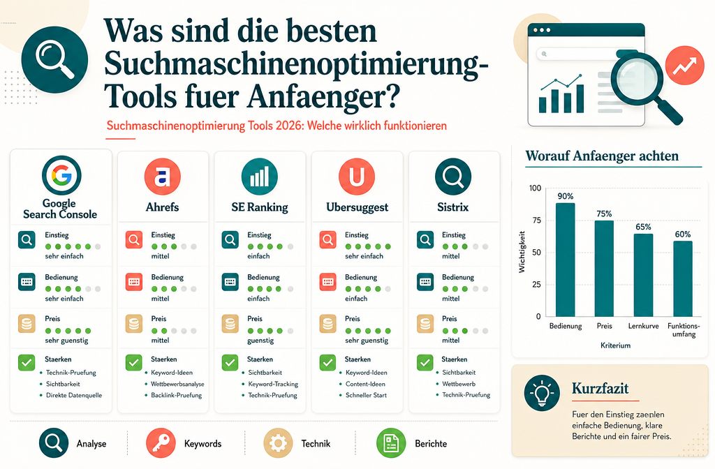 Professional infographic for article "Suchmaschinenoptimierung Tools 2026: Welche wirklich funktionieren", section: "Was