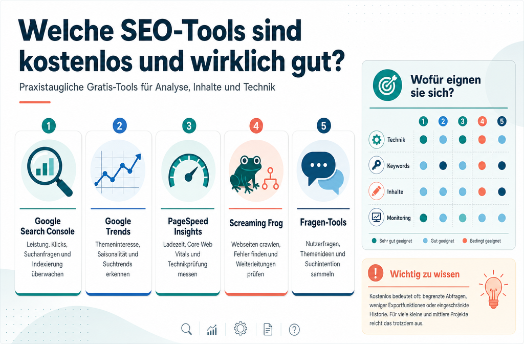 Professional infographic for article "Suchmaschinenoptimierung Tools 2026: Welche wirklich funktionieren", section: "Welche