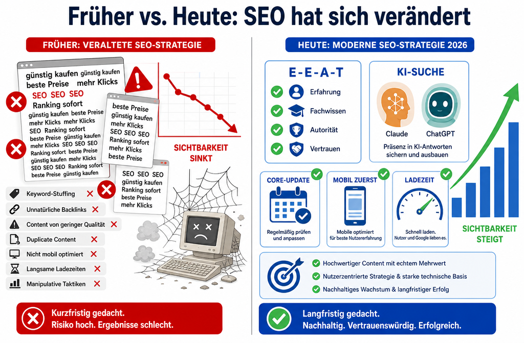 Querformat () Infografik-Illustration: Aufgeteiltes Bild zeigt links eine veraltete SEO-Strategie (rote X-Markierungen,
