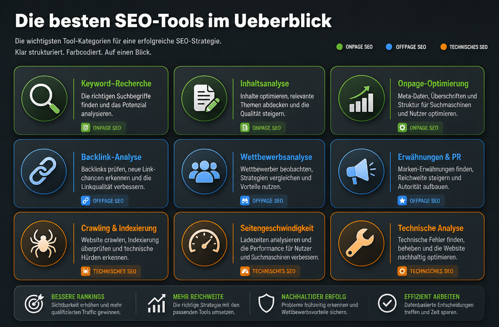 Querformat () zeigt einen deutschen SEO-Werkzeugkasten als visuelles Konzept: Verschiedene SEO-Tool-Logos als stilisierte