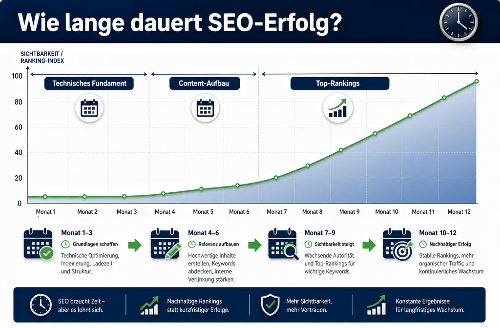 Querformat () Zeitstrahl-Visualisierung: Horizontale Zeitachse zeigt SEO-Ranking-Entwicklung über 6-12 Monate. Monat 1-3: