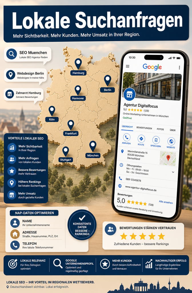 Querformat () zeigt Local SEO Konzept: Deutschlandkarte mit Pins für lokale Suchergebnisse, Google Business