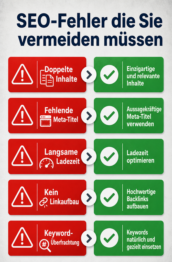 Querformat () zeigt eine Fehler-Checkliste als visuelles Konzept: Rote Warnschilder mit deutschen Beschriftungen der
