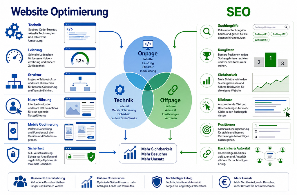 Querformat () Infografik-Illustration: Zwei Spalten mit Beschriftungen 'Website Optimierung' und 'SEO' in deutscher Sprache,