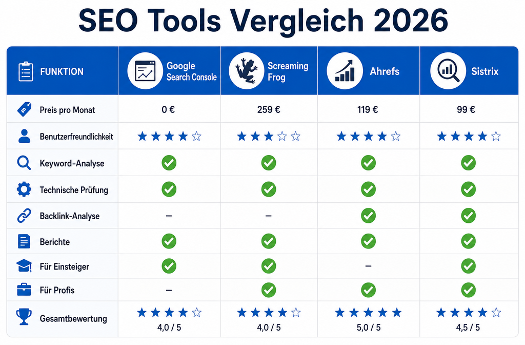 Querformat () Vergleichstabelle als visuelle Infografik mit Beschriftung 'SEO Tools Vergleich 2026' in Deutsch. Zeigt Icons