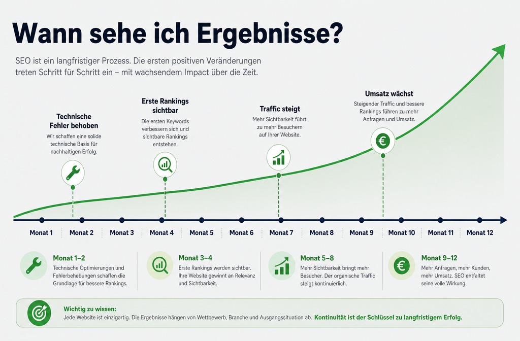 Querformat () Zeitstrahl-Infografik mit Beschriftung 'Wann sehe ich Ergebnisse?' in Deutsch. Horizontale Zeitachse von Monat