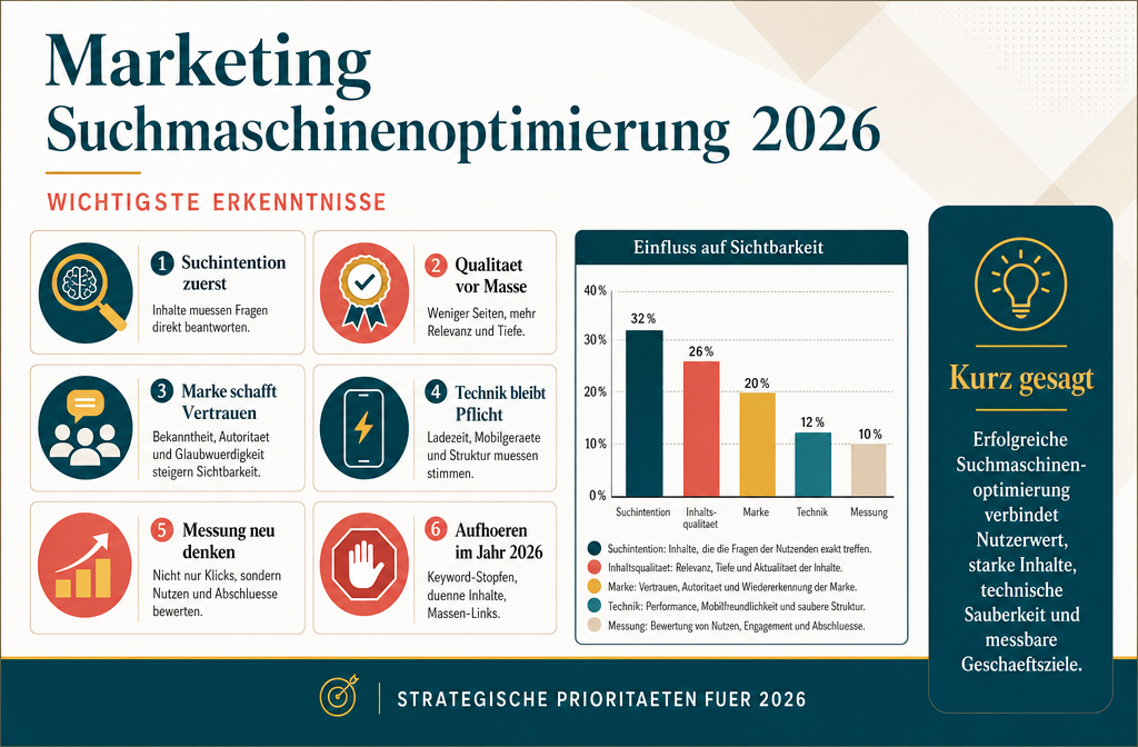 Professional infographic for article "Marketing Suchmaschinenoptimierung 2026: Was wirklich funktioniert (und was Sie