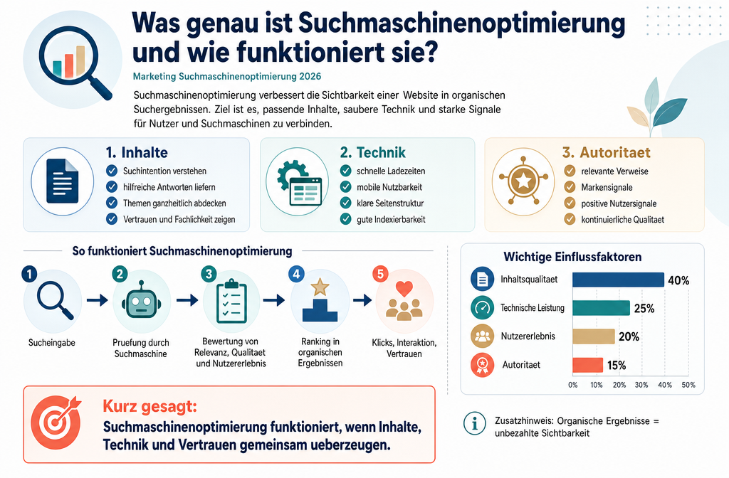 Professional infographic for article "Marketing Suchmaschinenoptimierung 2026: Was wirklich funktioniert (und was Sie
