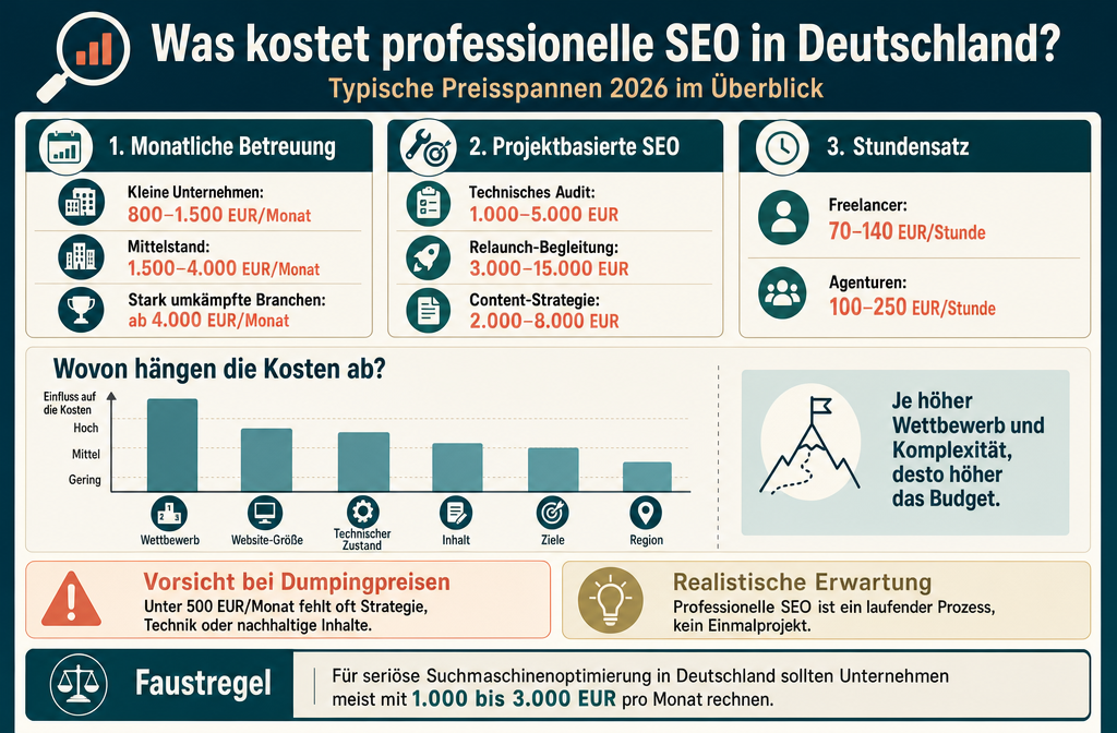 Professional infographic for article "Marketing Suchmaschinenoptimierung 2026: Was wirklich funktioniert (und was Sie