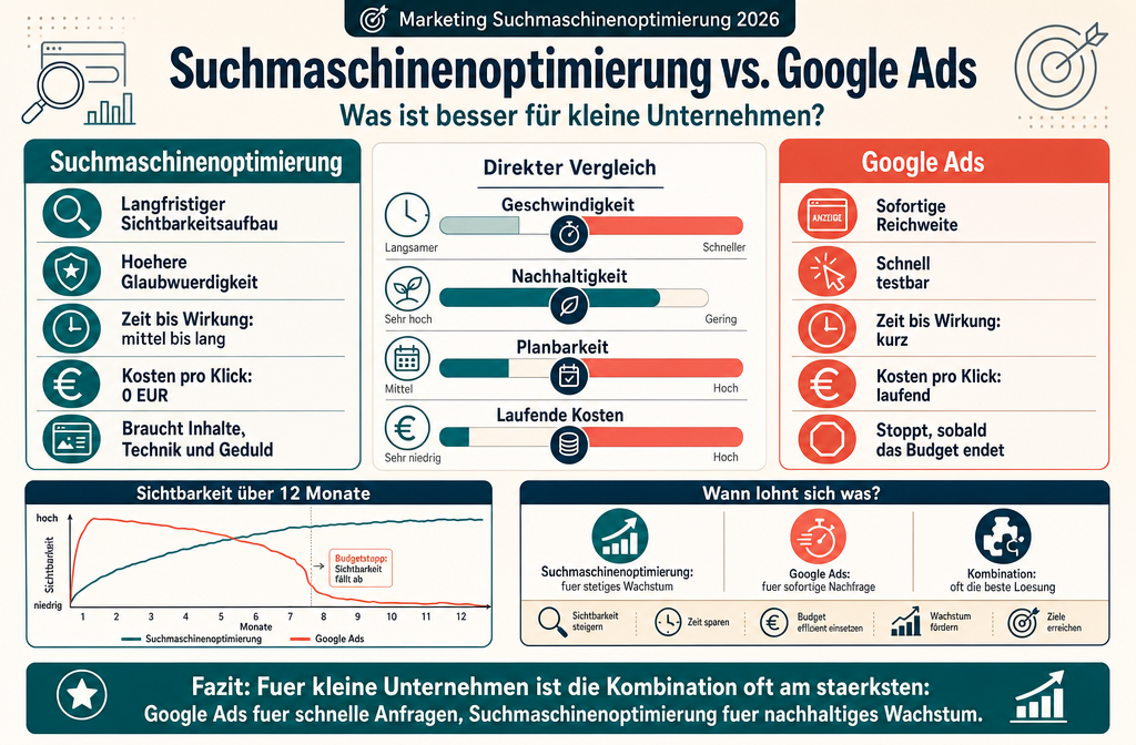 Professional infographic for article "Marketing Suchmaschinenoptimierung 2026: Was wirklich funktioniert (und was Sie