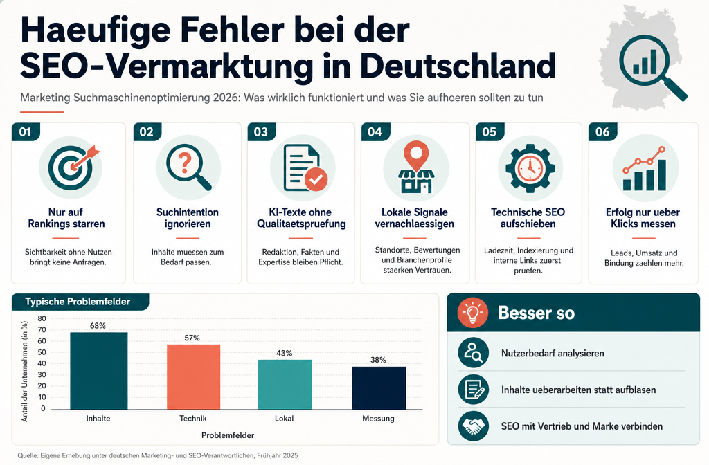 Professional infographic for article "Marketing Suchmaschinenoptimierung 2026: Was wirklich funktioniert (und was Sie