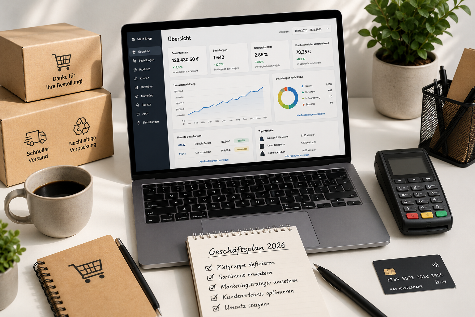 Professional hero image for German e-commerce startup guide 2026: clean flat-lay of laptop showing online shop dashboard,