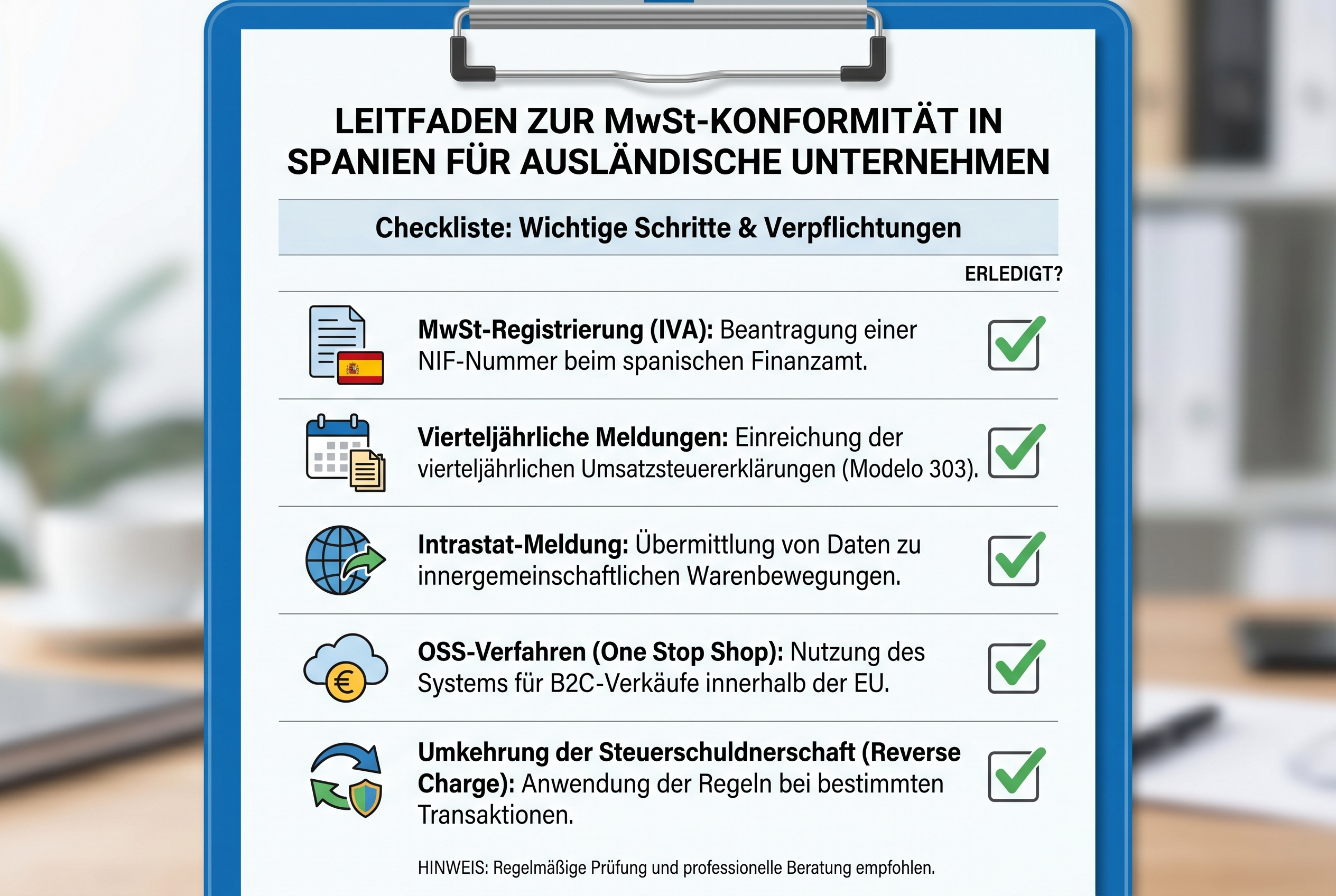 Visual guide: VAT compliance checklist for foreign companies in Spain — checklist format with icons for IVA registration,