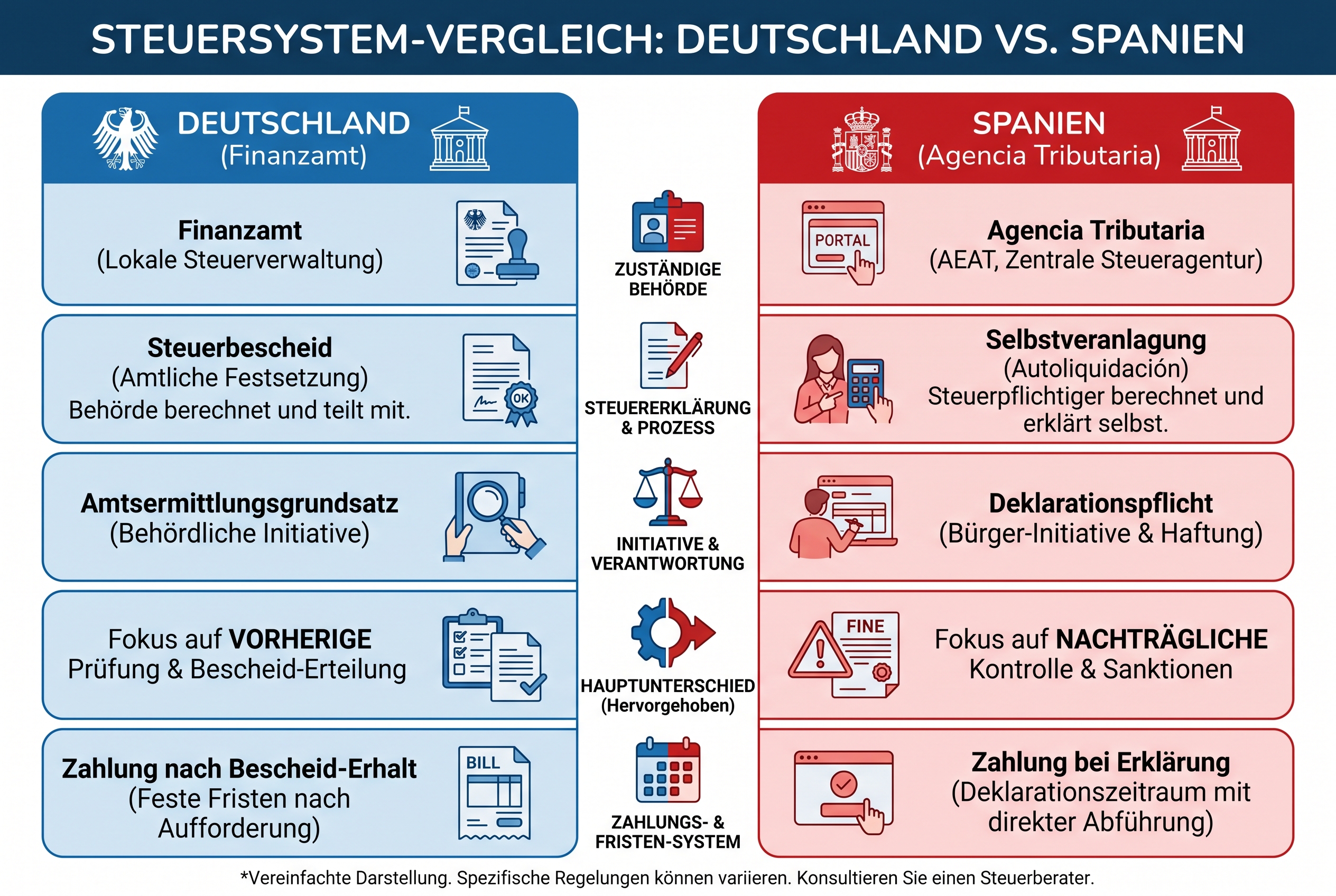 Infographic: side-by-side comparison table of German vs Spanish tax system - Finanzamt vs Agencia Tributaria, Steuerbescheid