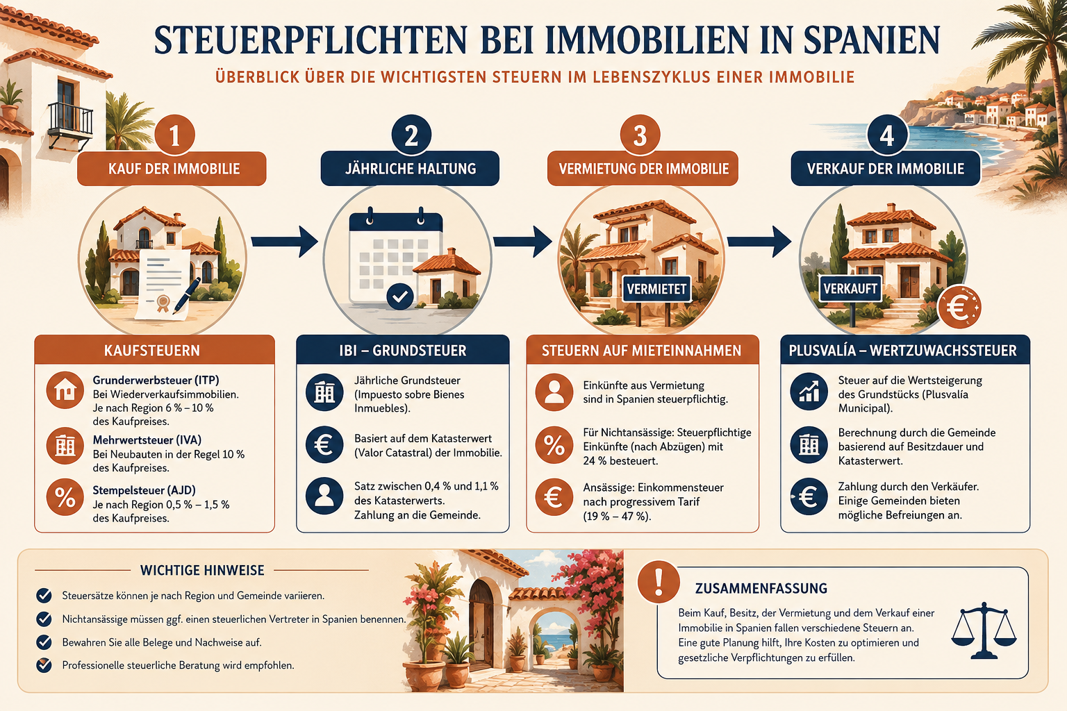 Spanish property tax obligations flowchart: purchase taxes → annual IBI → rental income tax → Plusvalía on sale, with arrows