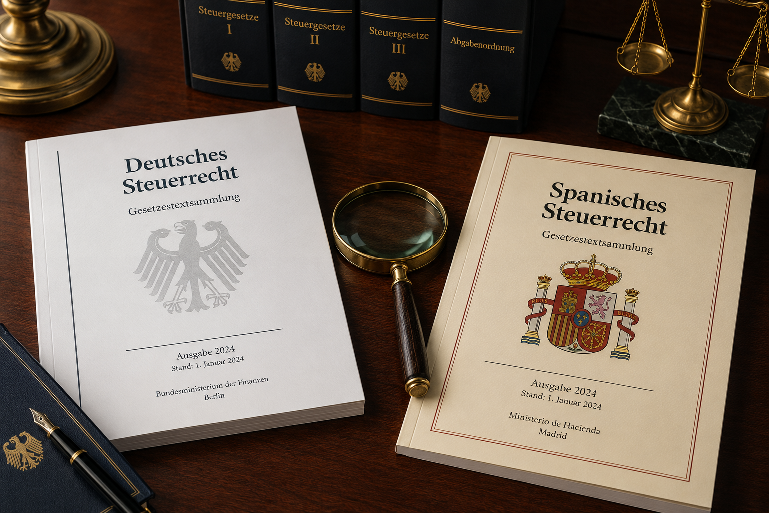 () editorial illustration showing a side-by-side comparison of two tax documents: left document labeled 'Deutsches