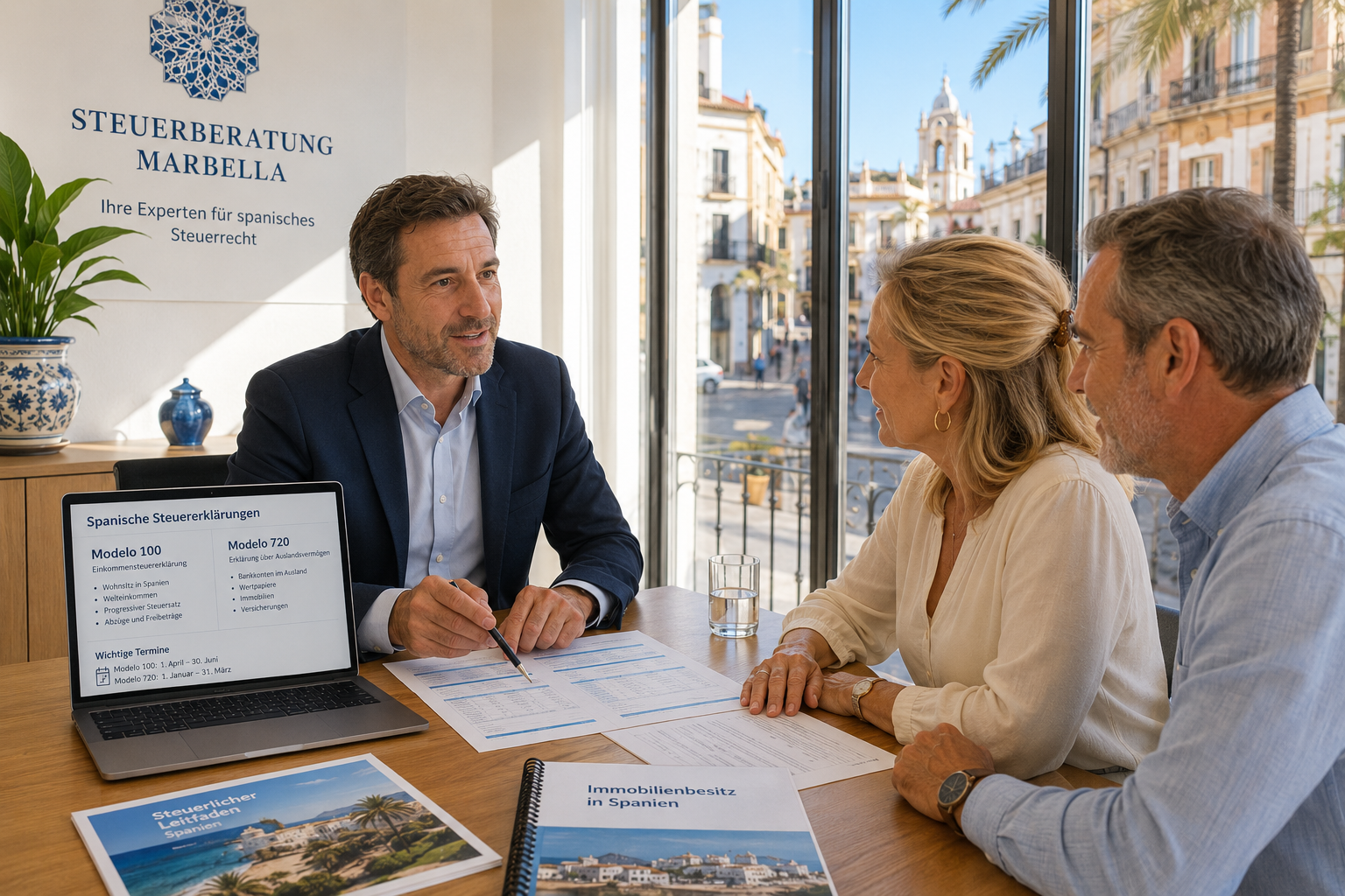 () scene showing a professional consultation meeting in a bright modern office in Marbella or Barcelona: a German-speaking