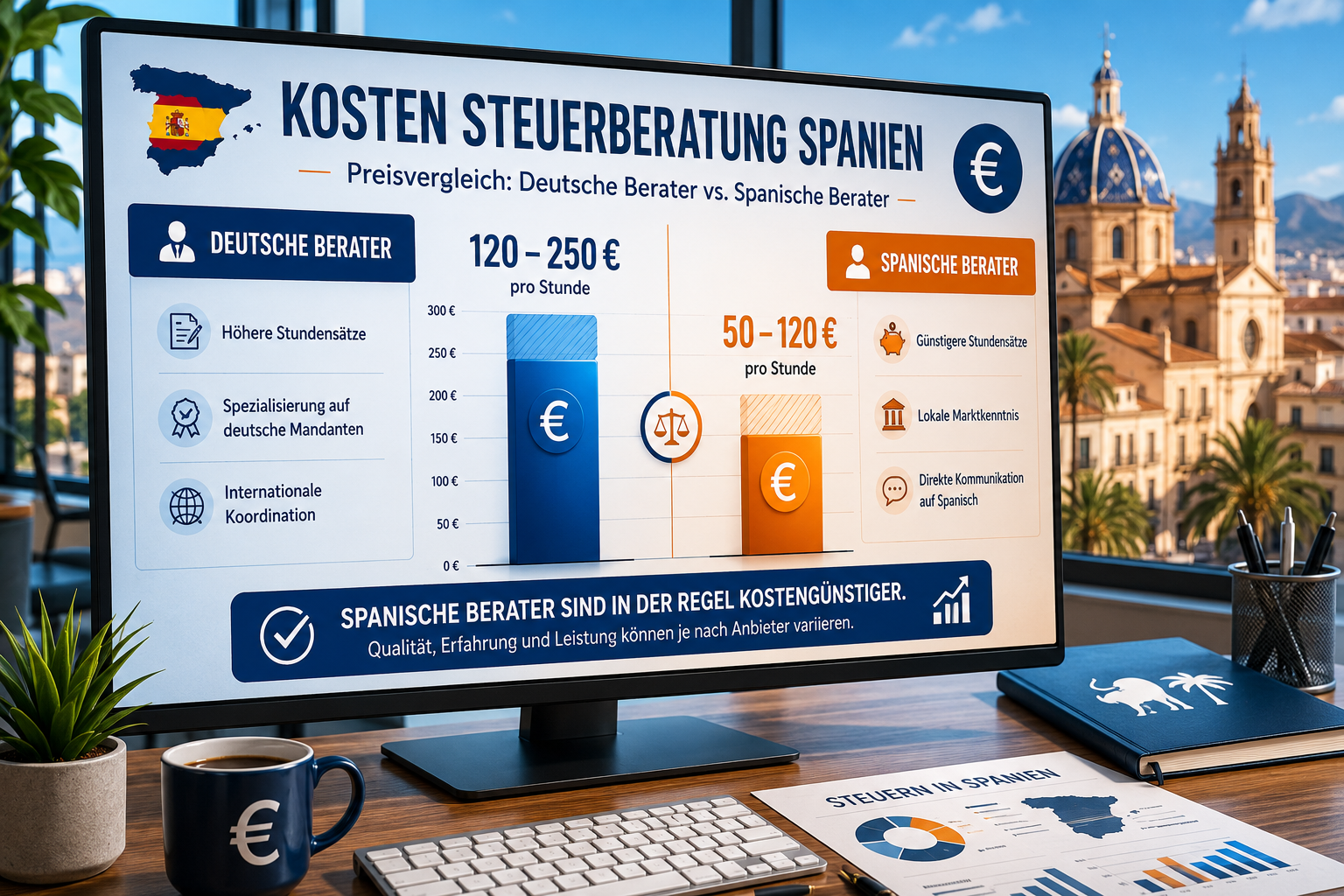 () infographic-style editorial image showing a visual cost comparison chart with euro symbols and bar graphs labeled 'Kosten