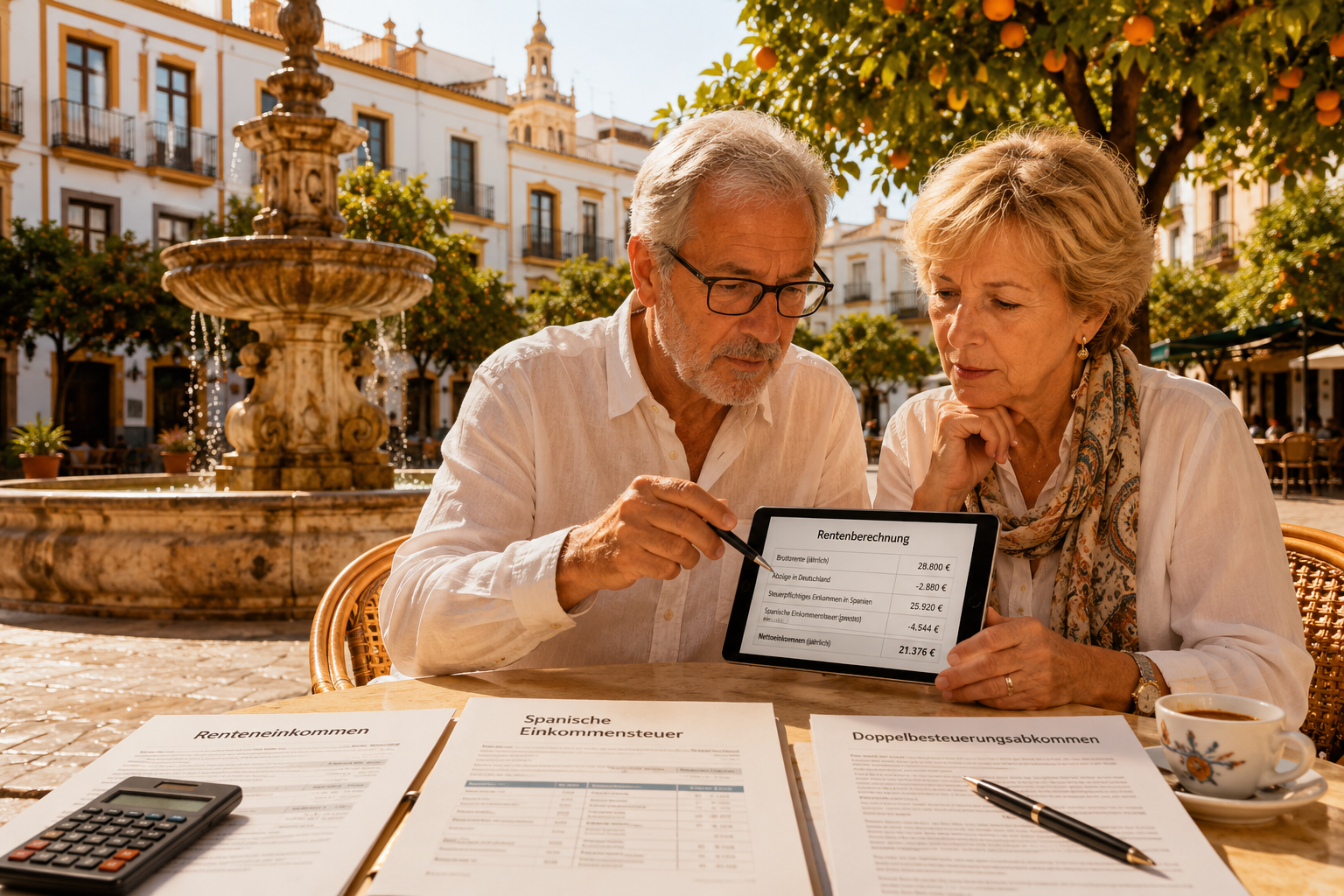 () dramatic wide-angle shot of a German retiree couple sitting at an outdoor cafe table in a sunny Spanish plaza, reviewing
