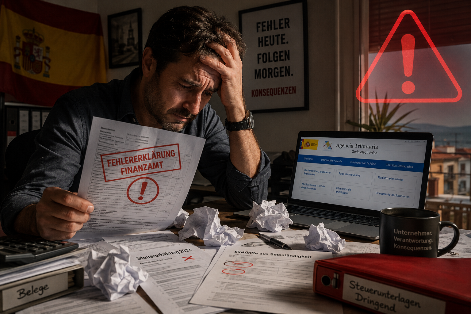 () tense editorial scene illustrating tax declaration errors: a stressed German entrepreneur at a cluttered desk in a